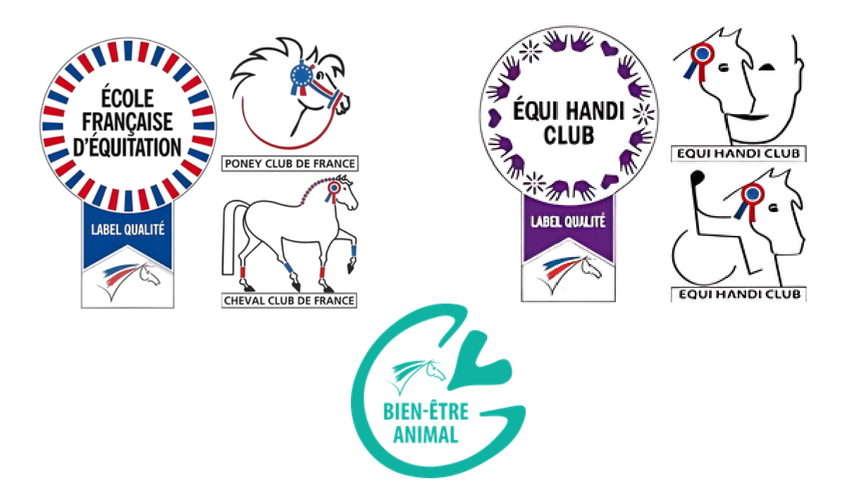 Labels FFE : École française d'équitation, Poney club de France, Équi-Handi Club, Bien-être animal